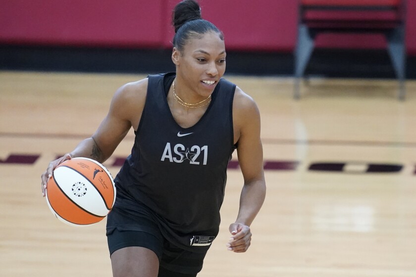 Betnijah Laney drives up the court during practice for the WNBA All-Star Basketball team, Tuesday, July 13, 2021, in Las Vegas. (AP Photo/John Locher)