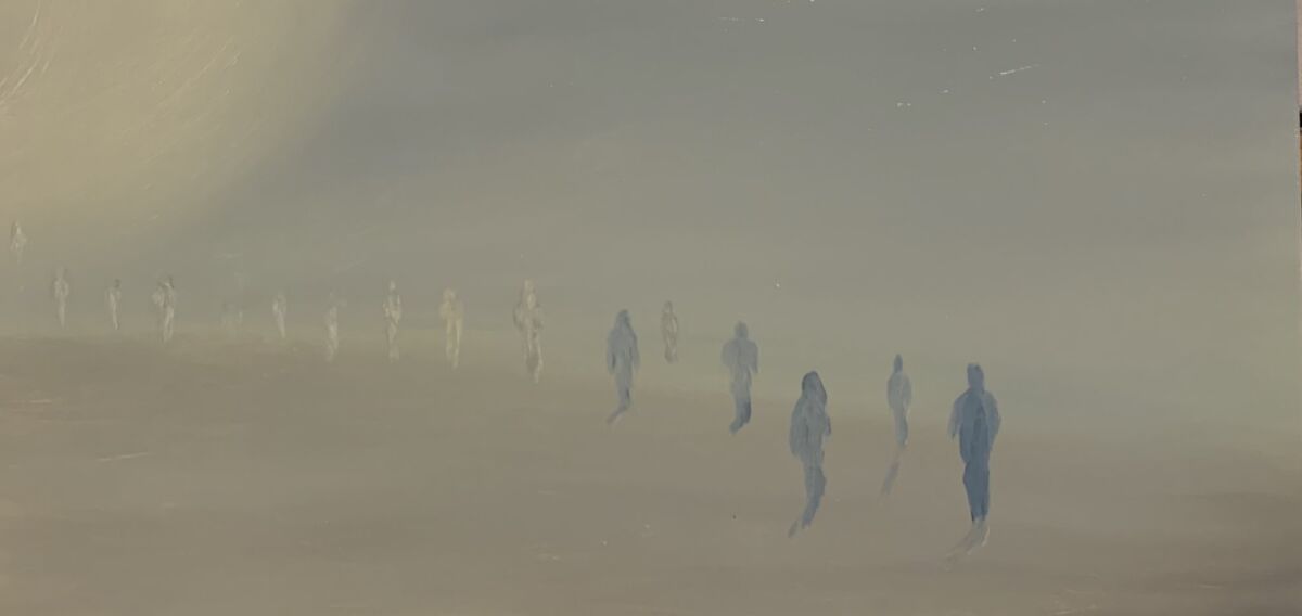 "The Last Shift," a painting by Dr. C. Michael Gibson of figures moving toward a hazy light. 
