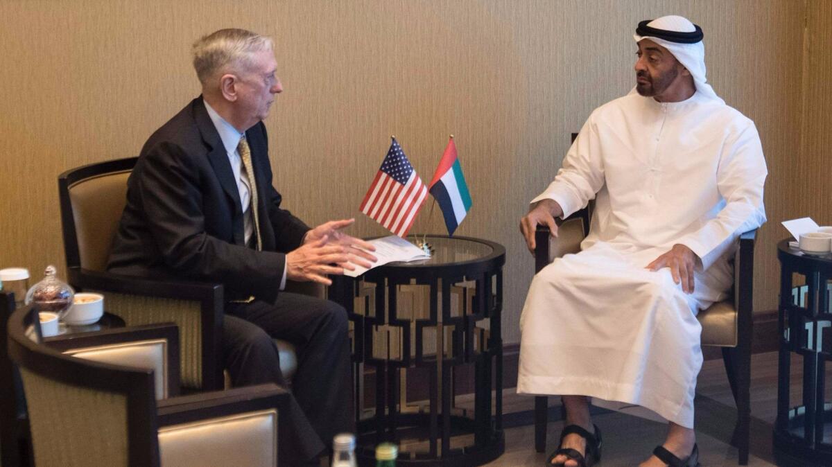 Defense Secretary James N. Mattis meets with Crown Prince Mohammed bin Zayed al Nahyan of the United Arab Emirates in Abu Dhabi on Saturday.