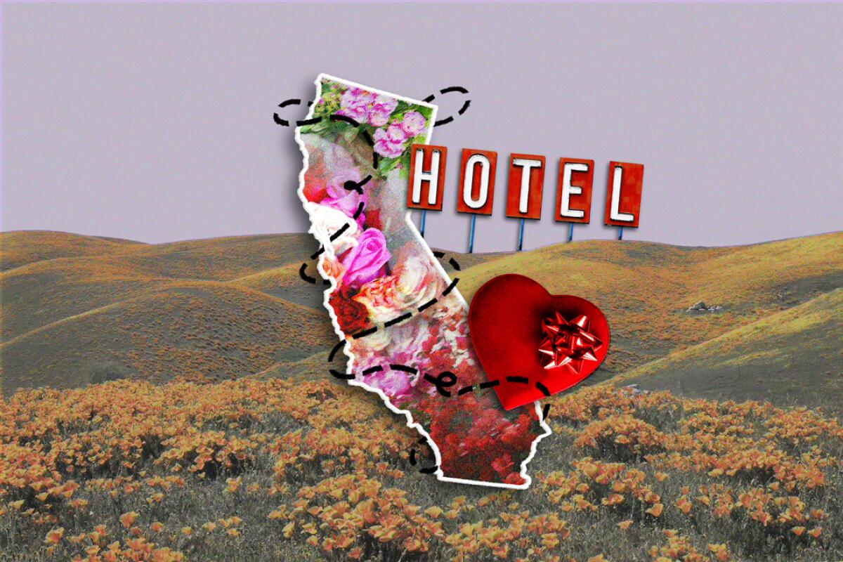 An illustration of flowers inside an outline of the state of California with a heart-shaped chocolate box and a "Hotel" sign