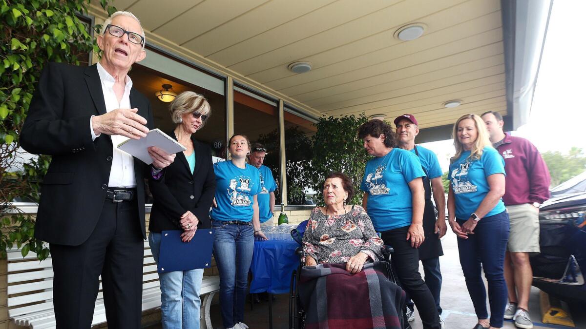 NBC4's Fritz Coleman starts the event with the current Tallyrand owners and founding owner Delores Thomas, in wheelchair, at an anniversary celebration on Tuesday, April 30, 2019, celebrating the 60th year the Tallyrand restaurant has been in Burbank.