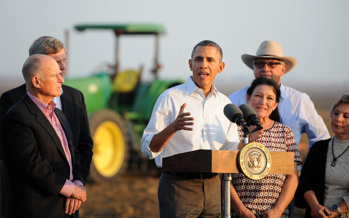 President Obama speaks to reporters in Los Baños as part of his visit to California's drought-stricken Central Valley.