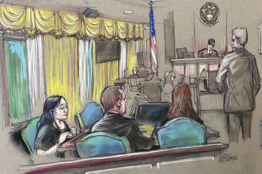 FILE - In this April 15, 2019, file court sketch, Yujing Zhang, left, a Chinese woman charged with lying to illegally enter President Donald Trump's Mar-a-Lago club, listens to a hearing before Magistrate Judge William Matthewman in West Palm Beach, Fla. Zhang, 33, who is accused of trespassing at Trump's Mar-a-Lago club and lying to Secret Service agents will be tried by a jury after frustrating the federal judge hearing her case. (Daniel Pontet via AP, File)