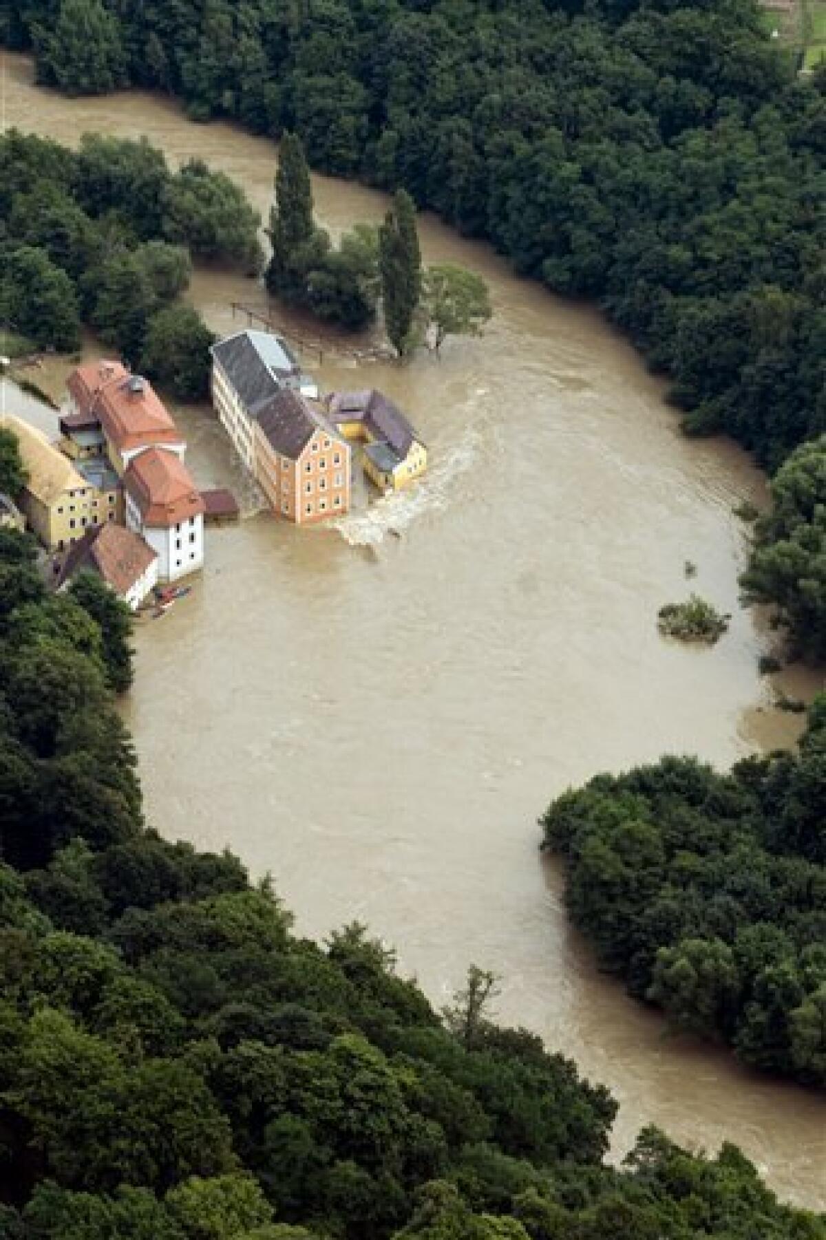 An aerial view of Neisse river near Goerlitz, Eastern Germany, photographed on Sunday Aug. 8, 2010. The flooding in central Europe has struck an area near the borders of Poland, Germany and the Czech Republic. (AP Photo/ddp/ Jens Schlueter)