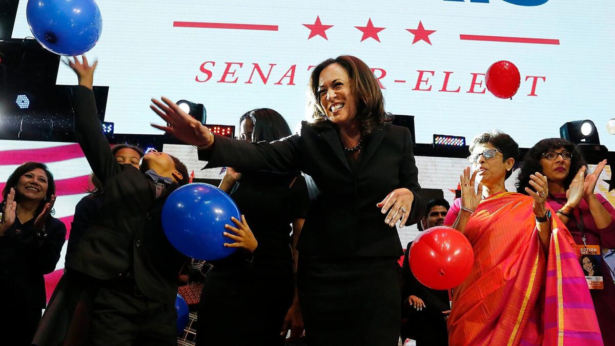 Kamala Harris celebrates at her rally in downtown Los Angeles.