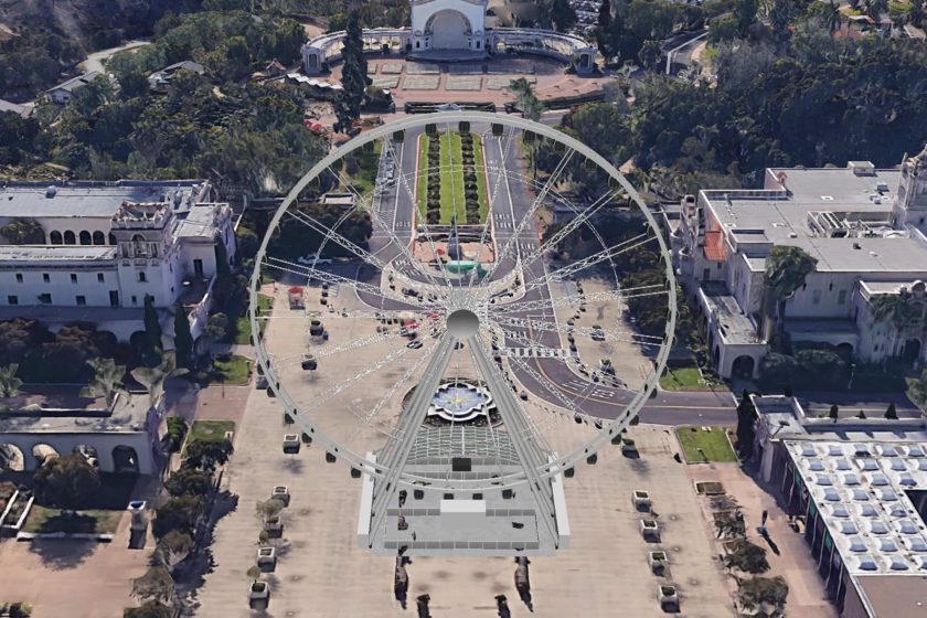 A conceptual rendering of the proposed observation wheel shows the 148-foot attraction in Balboa Park's central Plaza de Panama. The for-charge ride promises unrivaled views of the city and is intended to reinvigorate the park.