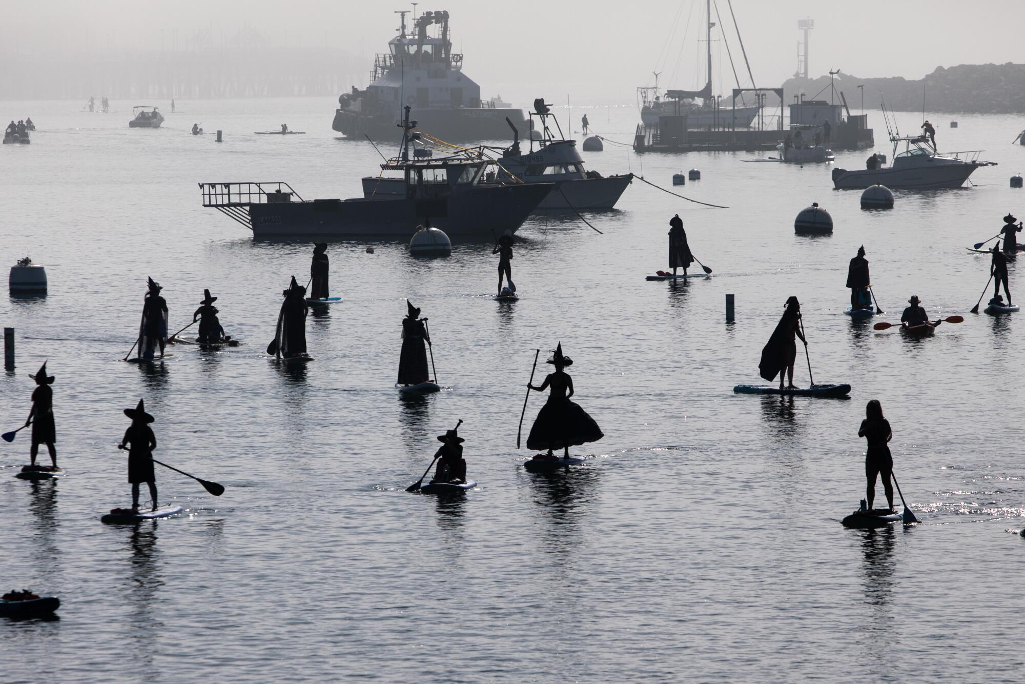 Boats and silhouettes of dozens of witches on stand-up paddle boards make their way across King Harbor in Redondo Beach.