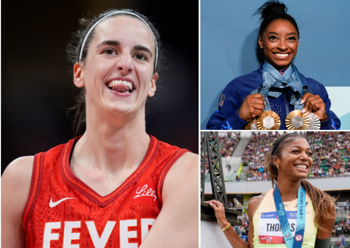 A multi-photo image featuring Caitlin Clark, Simone Biles and Gabby Thomas