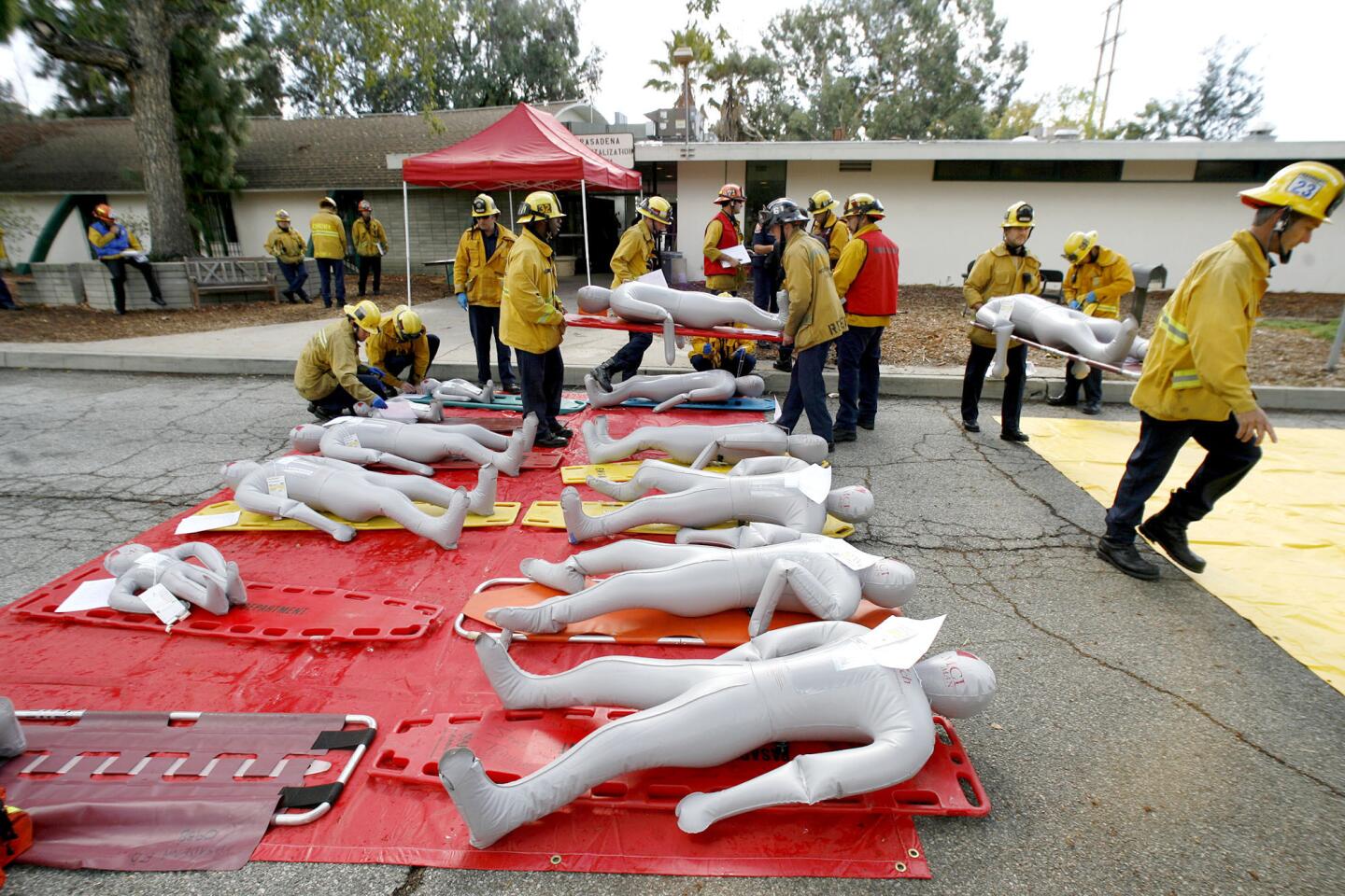 The Pasadena Fire Dept. held a Mass Casualty Incident Drill to help train area fire depts. at the Pasadena Civil Defense Center in Pasadena on Friday, Nov. 9, 2012. The Glendale Fire Dept. along with Alhambra, So. Pasadena and Pasadena took part in the drill.