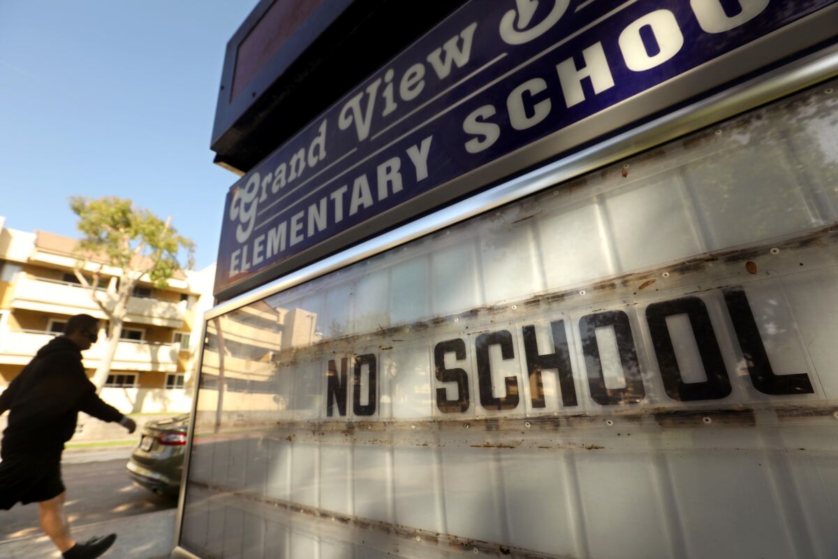 A marquee at Grand View Boulevard Elementary School in Mar Vista reads "No school."