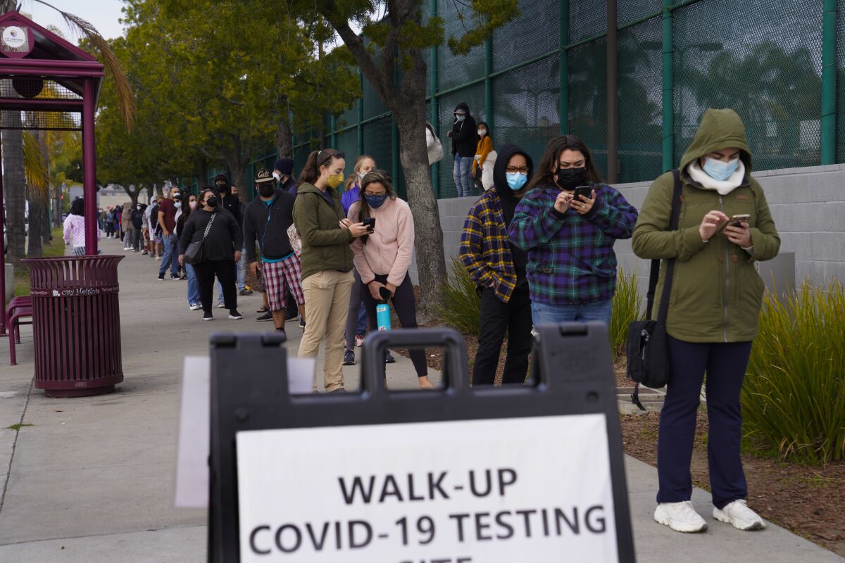The line for the COVID test site at the City Heights Recreation Center in January, 2022.