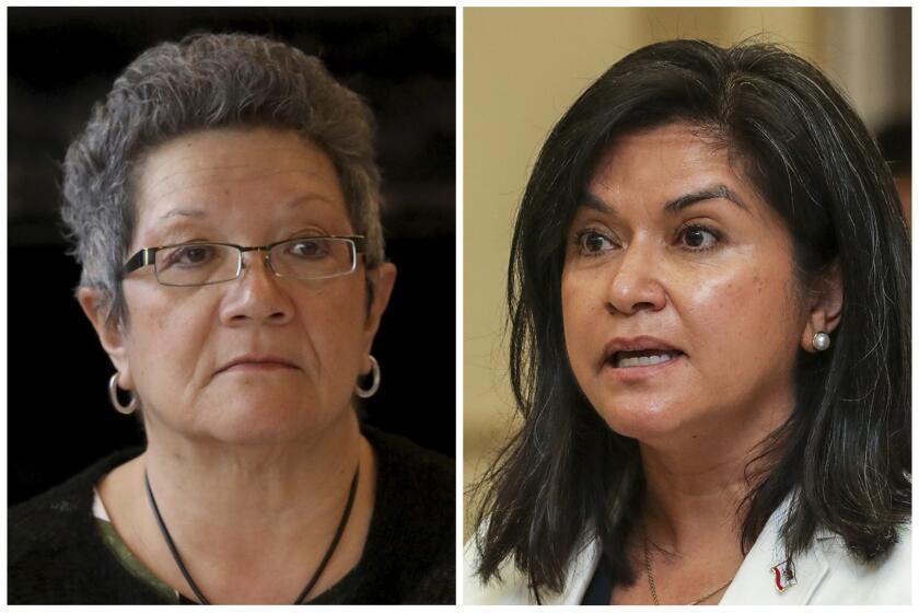 From left, Mercedes Marquez at Mayor of Los Angeles Karen Bass Housing and Homelessness press briefing in June and Gov. Lourdes Castro Ramirez at a press conference at Ross Hall at Veterans Park in June. (Gary Coronado / Los Angeles Times Irfan Khan / Los Angeles Times)
