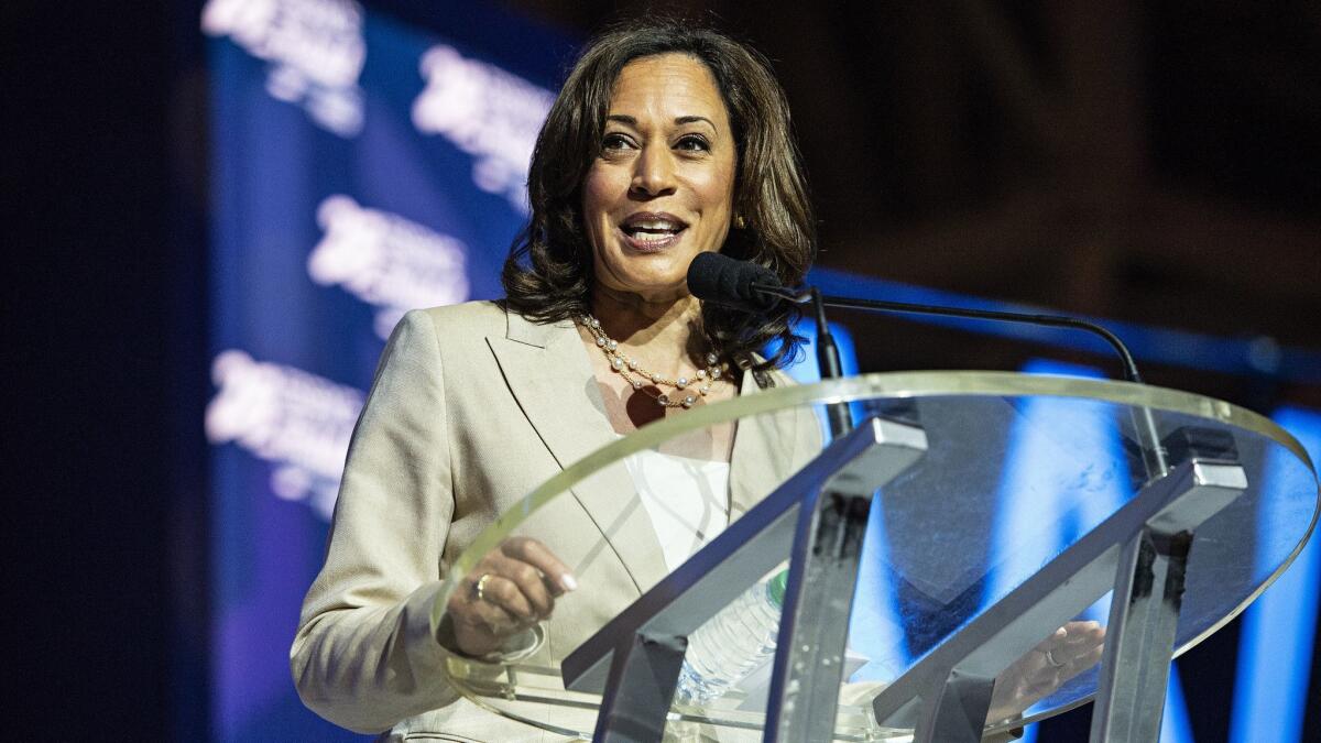 Democratic presidential candidate Sen. Kamala Harris, D-Calif., speaks at the 2019 Essence Festival in New Orleans on Saturday.