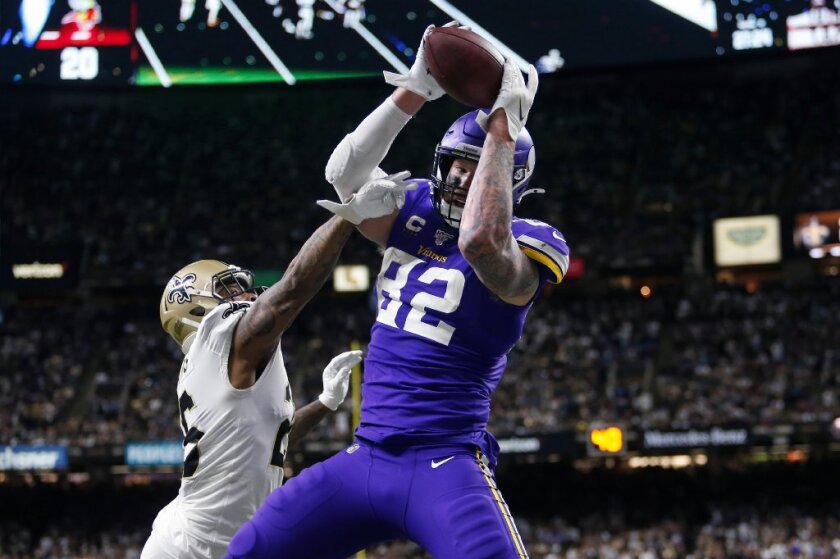 Pass interference controversy ensued after Vikings tight end Kyle Rudolph (82) caught the winning TD pass against the Saints’ P.J. Williams last weekend.