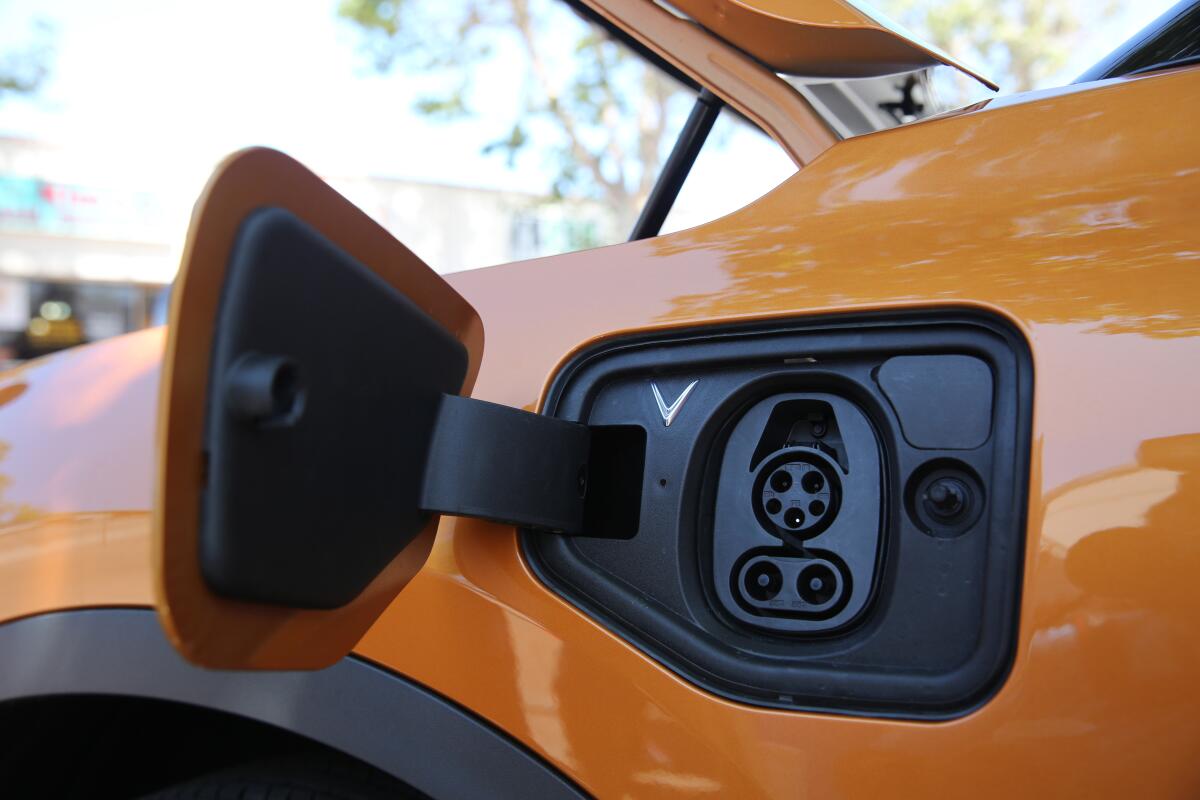 A charging port for a VinFast electric vehicle is seen during a showcase event in Garden Grove on June 25.