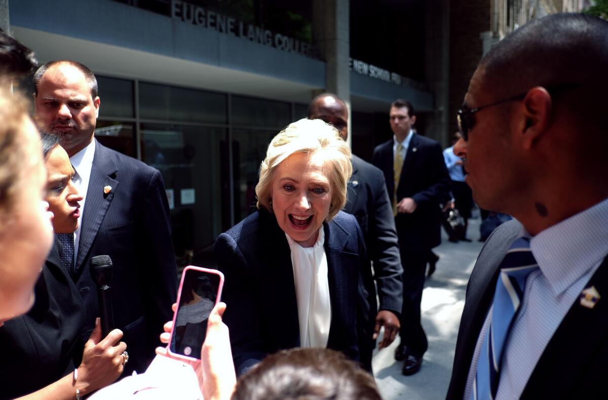 Democratic presidential hopeful Hillary Rodham Clinton greets people in New York after outlining her economic vision in a speech.