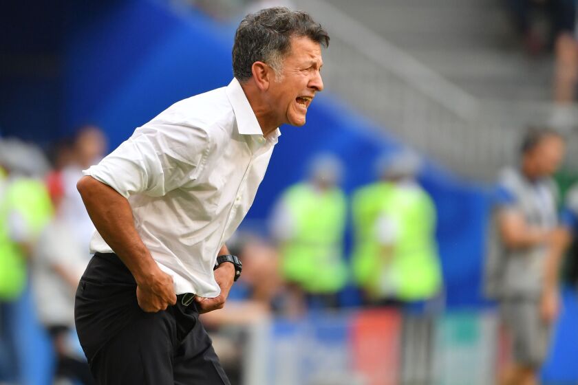 Mexico's coach Juan Carlos Osorio shouts from the touchline during the Russia 2018 World Cup round of 16 football match between Brazil and Mexico at the Samara Arena in Samara on July 2, 2018. / AFP PHOTO / EMMANUEL DUNAND / RESTRICTED TO EDITORIAL USE - NO MOBILE PUSH ALERTS/DOWNLOADSEMMANUEL DUNAND/AFP/Getty Images ** OUTS - ELSENT, FPG, CM - OUTS * NM, PH, VA if sourced by CT, LA or MoD **