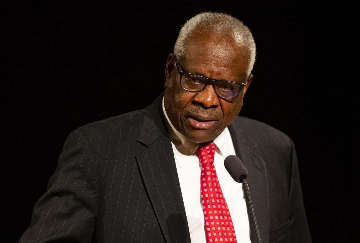 Supreme Court Justice Clarence Thomas speaks on Thursday, Sept. 16, 2021, at the University of Notre Dame in South Bend, Ind. The associate justice gave the Tocqueville Lecture for the Center for Citizenship & Constitutional Government at the university. (Robert Franklin/South Bend Tribune via AP)
