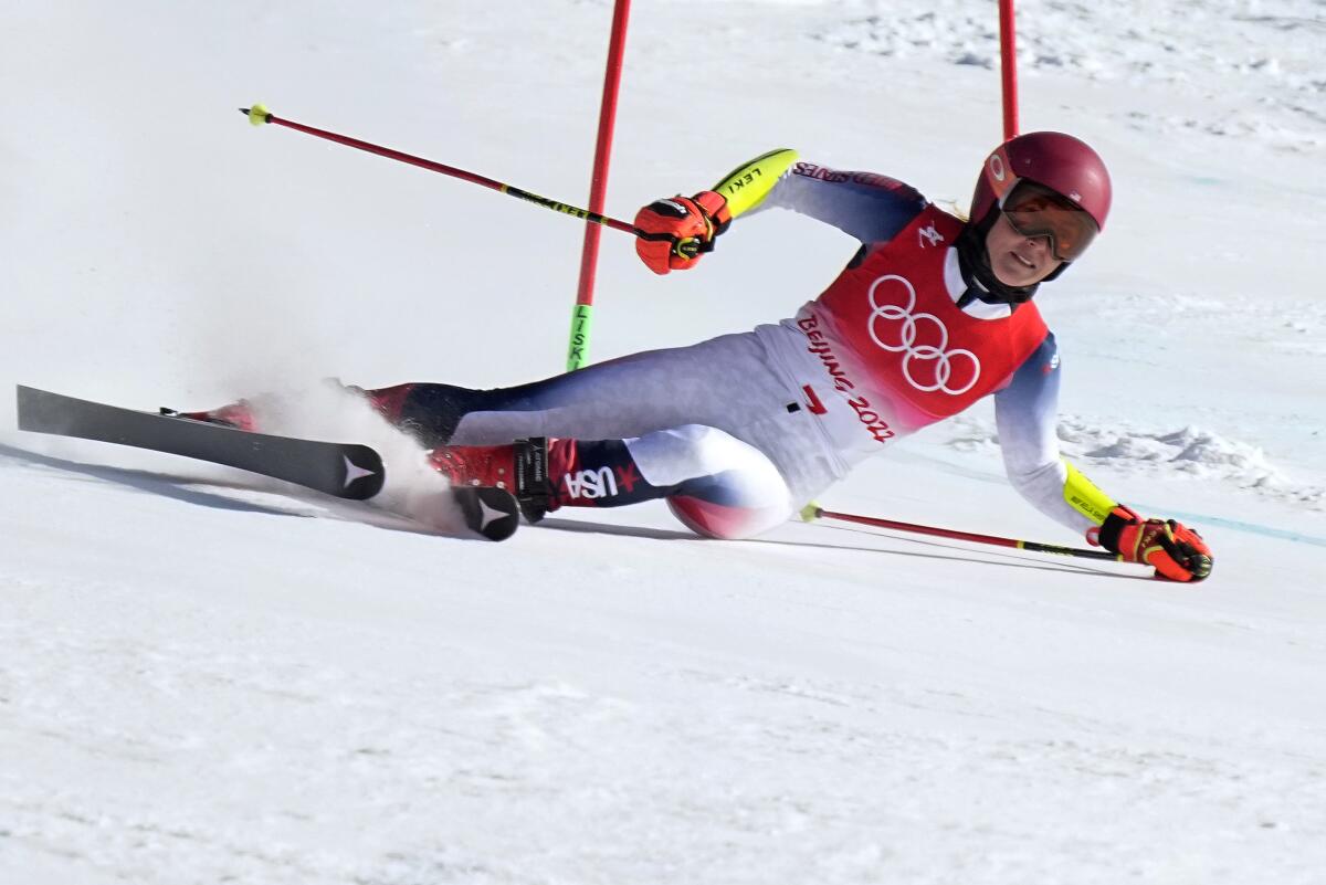 Mikaela Shiffrin of United States loses control and skis off course.