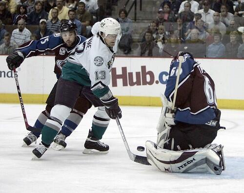 Mighty Ducks' Teemu Selanne gets a goal denied by Colorado Avalanche goalie Jose Theodore in the first period in game 3 of the Western Conference Semifinals at the Pepsi Center in Denver.