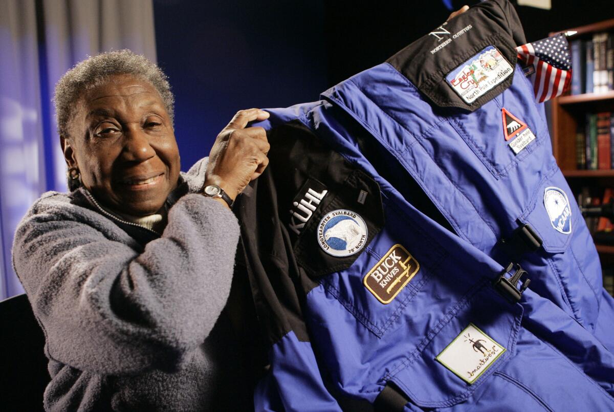 Barbara Hillary shows the parka she wore on her trip to the North Pole, during a 2007 interview.
