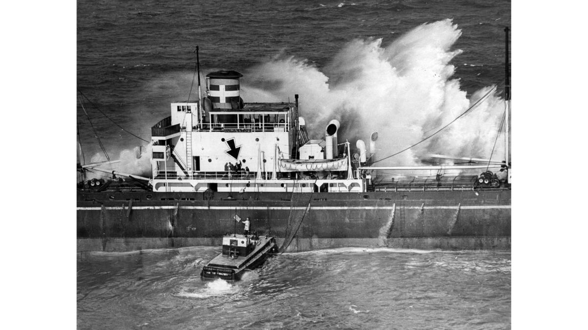 March 16, 1961: Crew of the Greek freighter Dominator is rescued in high surf. The Dominator ran aground off Palos Verdes on March 13, 1961.