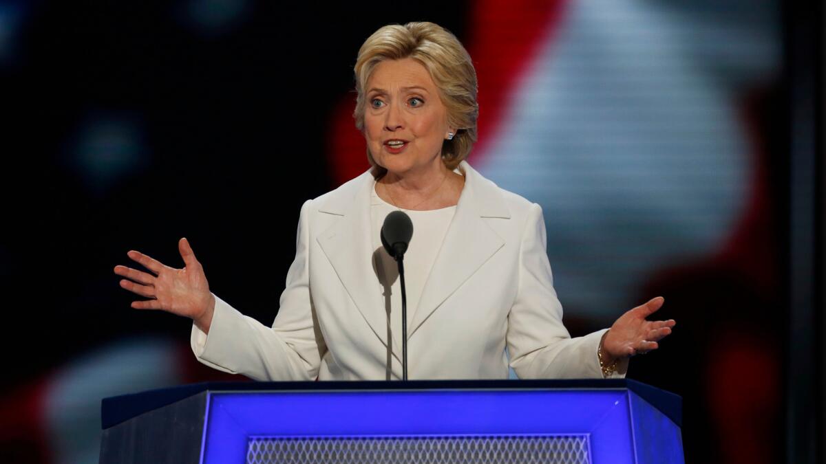 Presidential nominee Hillary Clinton addresses the delegation on July 28, the final night of the Democratic National Convention in Philadelphia.