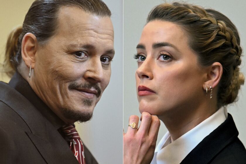This combination of two separate photos shows divorced actors Johnny Depp, left, and Amber Heard in the courtroom at the Fairfax County Circuit Court in Fairfax, Va., Tuesday May 3, 2022. Depp sued Heard for libel in Fairfax County Circuit Court after she wrote an op-ed piece in The Washington Post in 2018 referring to herself as a "public figure representing domestic abuse." (Jim Watson/Pool photos via AP)