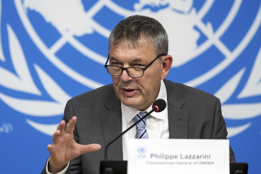 Philippe Lazzarini, Commissioner General of the United Nations Relief and Works Agency for Palestinian Refugees in the Near East (UNRWA), speaks during a press conference at the European headquarters of the United Nations in Geneva, Switzerland, Monday, Sept. 30, 2024. (Salvatore Di Nolfi/Keystone via AP)