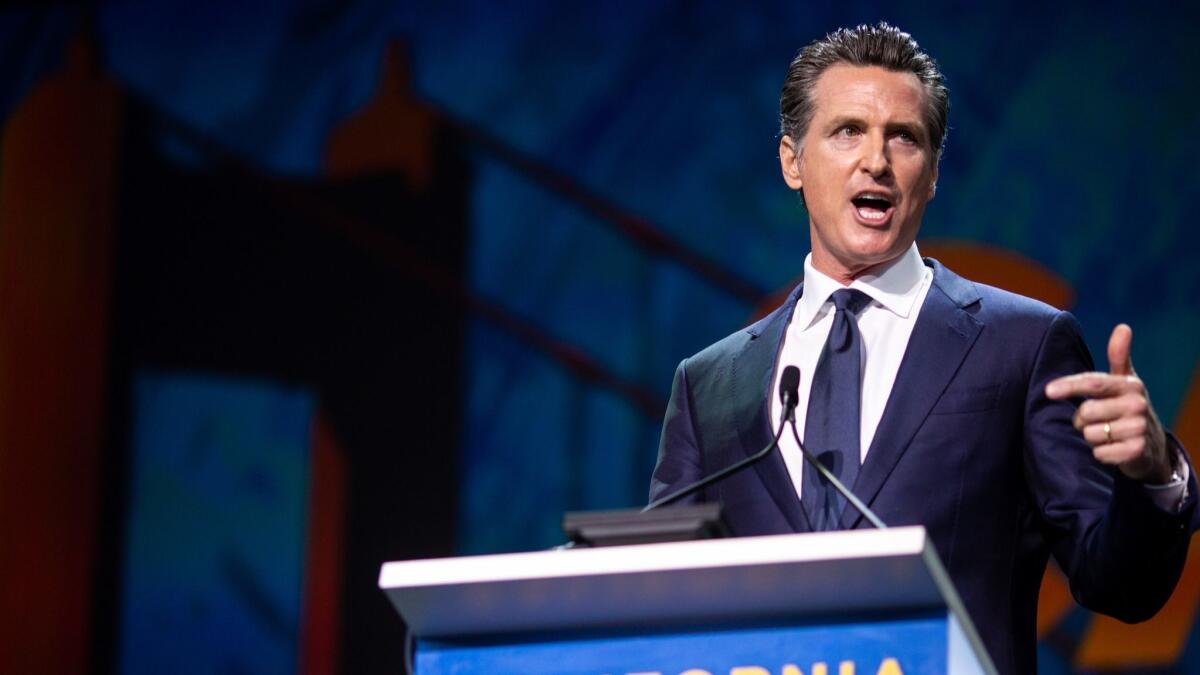 Gov. Gavin Newsom at the 2019 California Democratic Party convention last weekend, when he made some unwise comments about child vaccination.