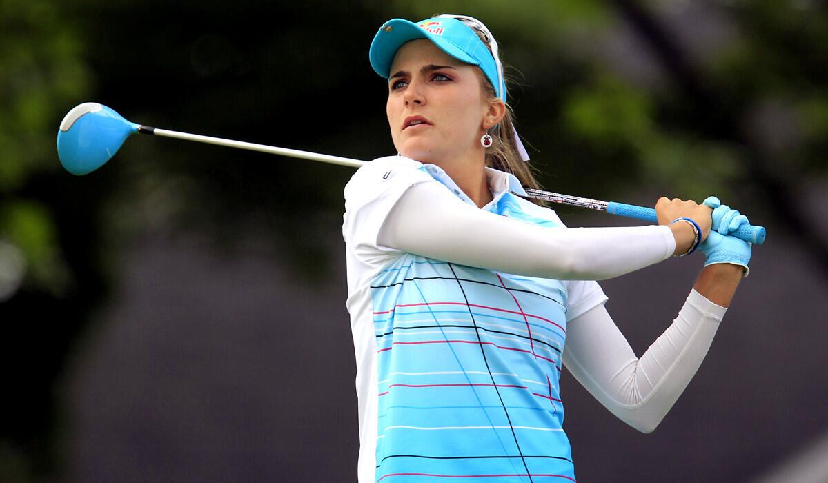 Lexi Thompson watches her tee shot at No. 10 during the first round of the LPGA Championship on Thursday at Monroe Golf Club.