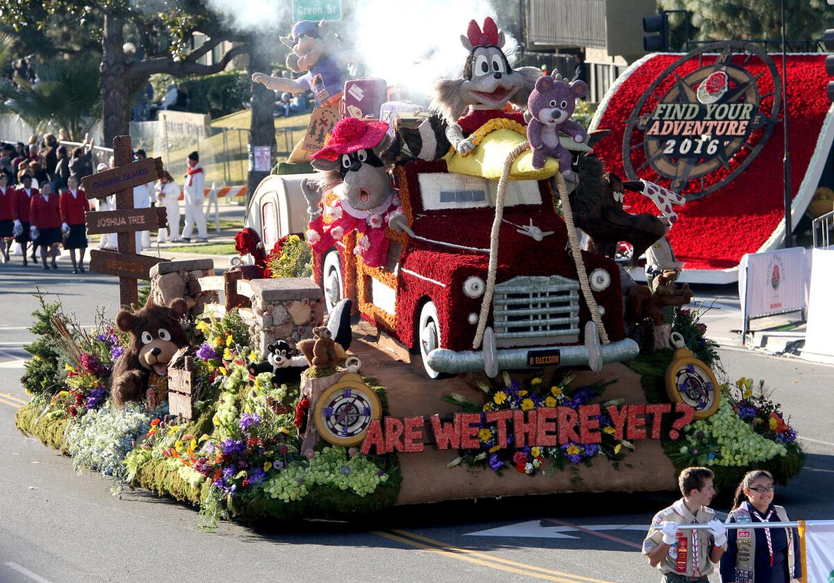 The city of Burbank float "Are We There Yet?" rolls down Orange Grove Avenue during the 2016 Rose Parade in Pasadena on Friday, Jan. 1, 2016.