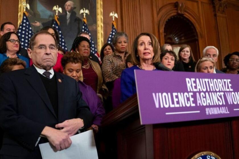 Speaker of the House Nancy Pelosi, D-Calif., joined at left by House Judiciary Committee Chairman Jerrold Nadler, D-N.Y., calls attention to Democrat plans to reauthorize the Violence Against Women Act which provides funding and grants for a variety of programs that tackle domestic abuse, at the Capitol in Washington, Thursday, March 7, 2019. (AP Photo/J. Scott Applewhite)