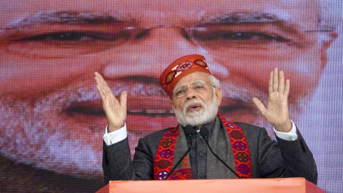 Indian Prime Minister Narendra Modi addresses a Dec. 27 gathering during a Bharatiya Janata Party rally in Dharamsala, India.