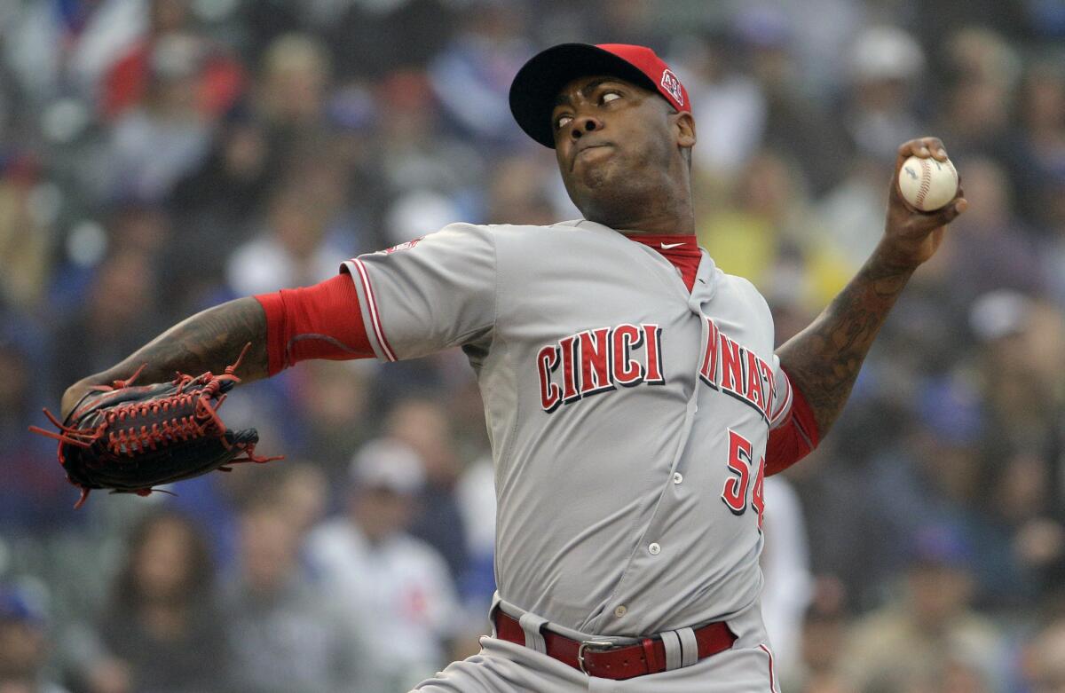 Cincinnati closer Aroldis Chapman throws against the Chicago Cubs on June 12.