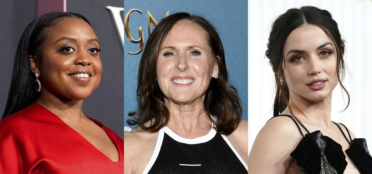 Quinta Brunson appears at Time's second annual Women of the Year Gala in Los Angeles on March 8, 2023, left, Molly Shannon appears at a special screening of "A Good Person" in New York on March 20, 2023, center, and Ana de Armas appears at the 29th annual Screen Actors Guild Awards in Los Angeles on Feb. 26, 2023. Brunson, Shannon and De Armas will each host "Saturday Night Live" episodes in April. (AP Photo)