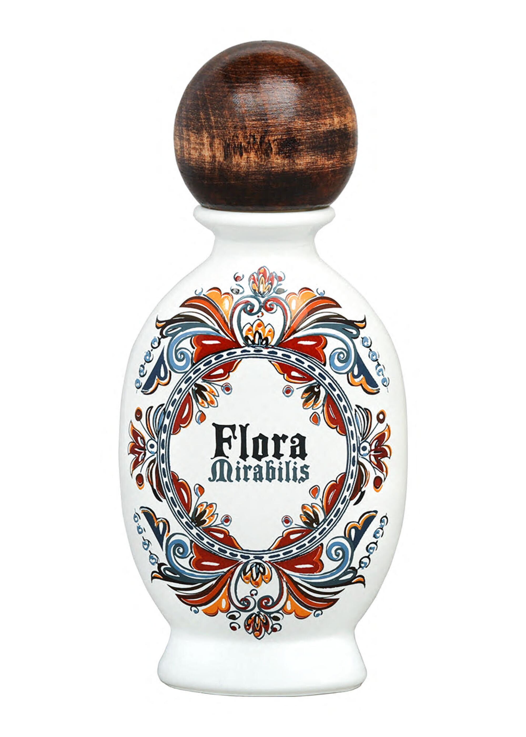 A white bottle with a round wood stopper and a floral design around the words "Flora Mirabilis"