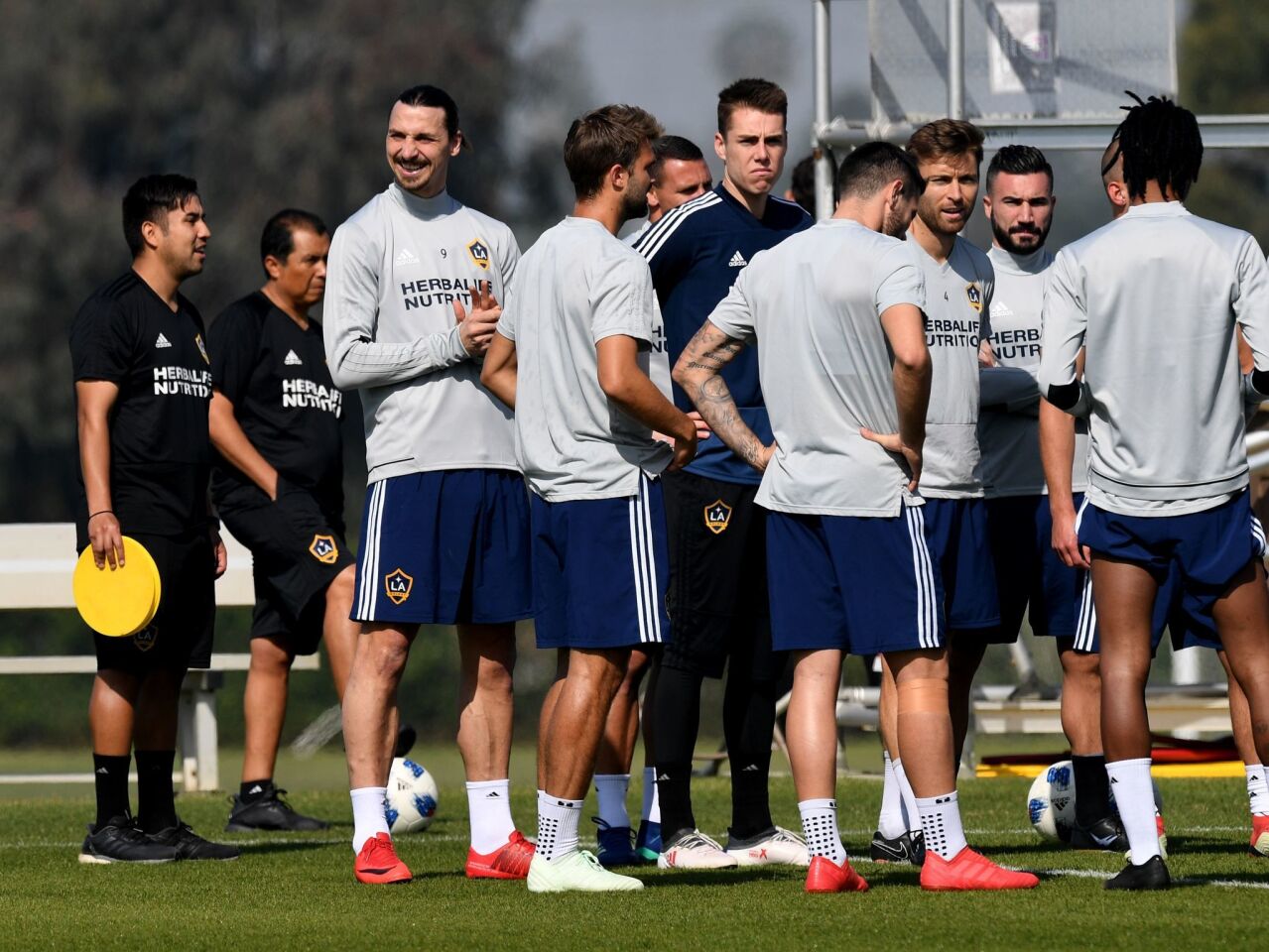Football star Zlatan Ibrahimovic (3rd L) at his first training session for his new club LA Galaxy in Los Angeles, California, on March 30, 2018. The 36-year-old Swedish striker's move to MLS from Manchester United was confirmed last week, with Ibrahimovic swiftly vowing to reignite the Galaxy's fortunes after they finished bottom of the league last season. / AFP PHOTO / Mark RalstonMARK RALSTON/AFP/Getty Images ** OUTS - ELSENT, FPG, CM - OUTS * NM, PH, VA if sourced by CT, LA or MoD **