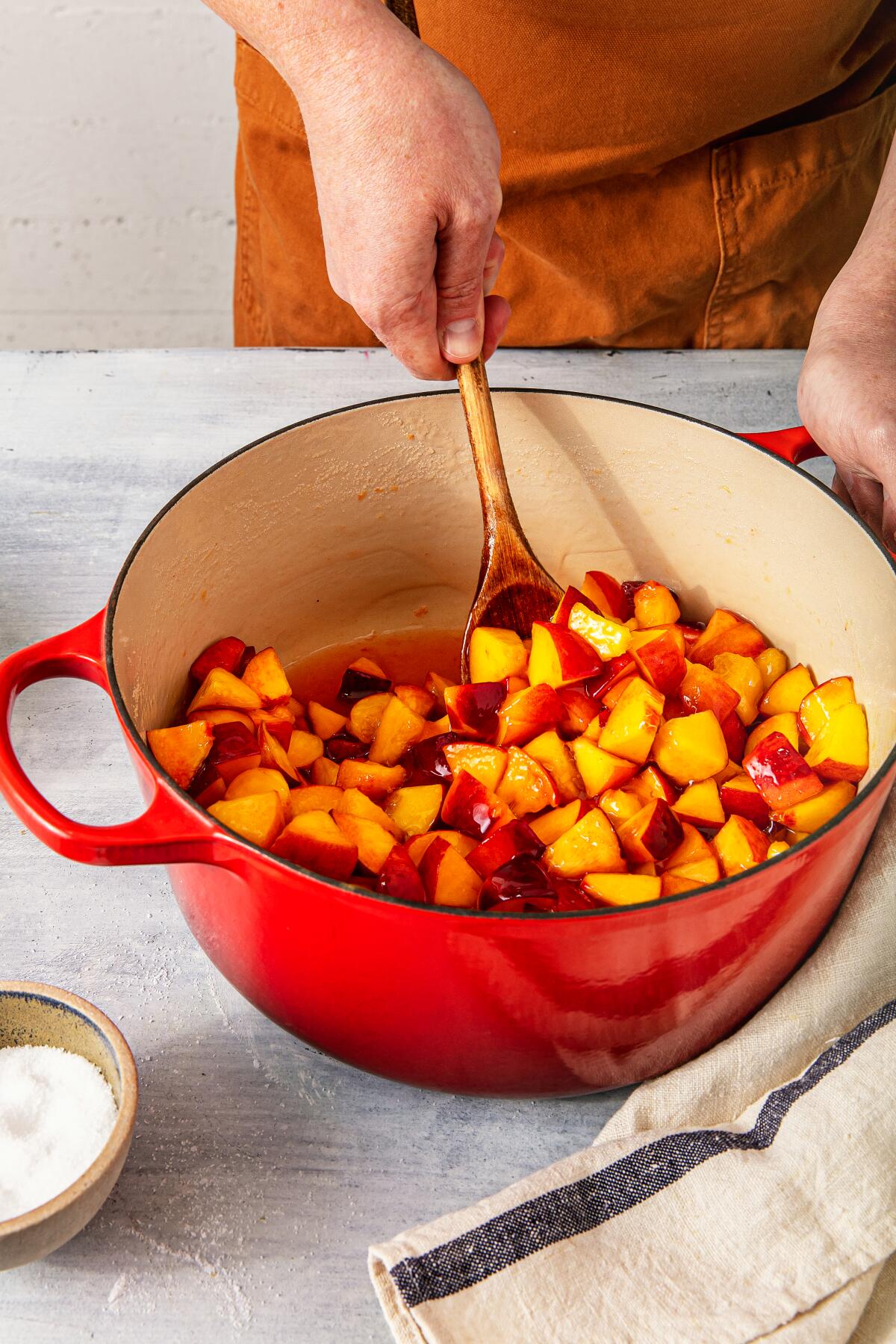 Mix together raw chopped fruit, sugar, lemon juice and a touch of salt.