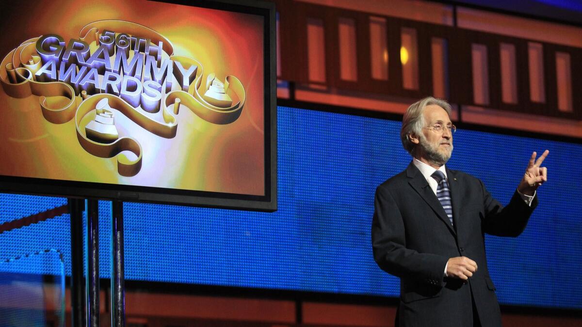 Neil Portnow onstage during Grammy rehearsal at Staples Center in January 2014.