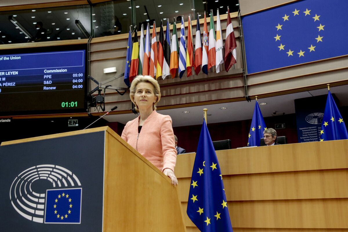 European Commission President Ursula von der Leyen addresses the plenary during her first State of the Union speech at the European Parliament in Brussels, Wednesday, Sept. 16, 2020. European Commission President Ursula von der Leyen will set out her vision of the future in her first State of the European Union address to the EU legislators. Weakened by the COVID-19 pandemic and the departure of the United Kingdom, she will center her speech on how the bloc should adapt to the challenges of the future, including global warming, the switch to a digital economy and immigration. (Olivier Hoslet, Pool via AP)