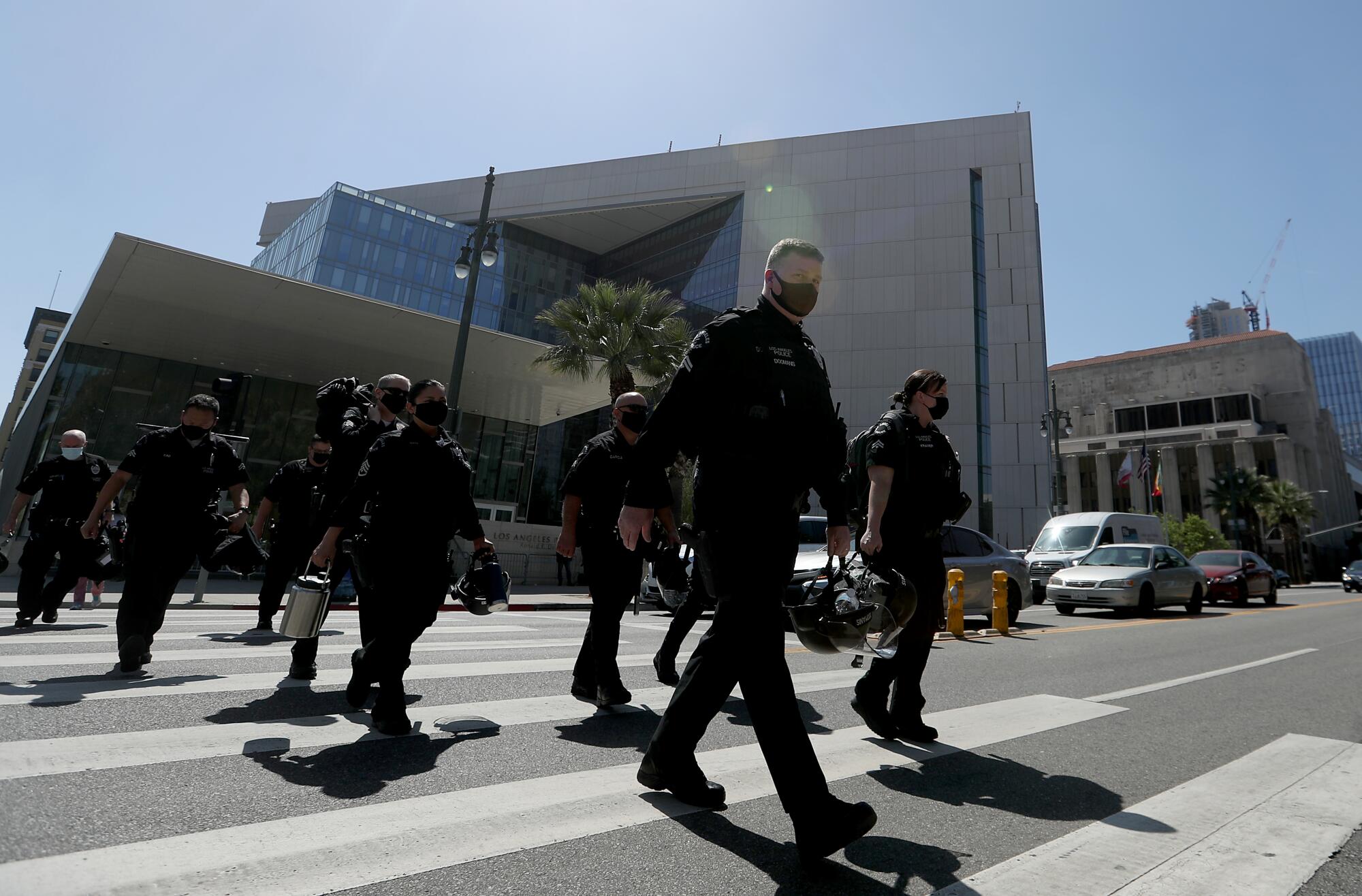 LAPD officers deploy around the Los Angeles Civic Center following the guilty verdicts against Derek Chauvin.