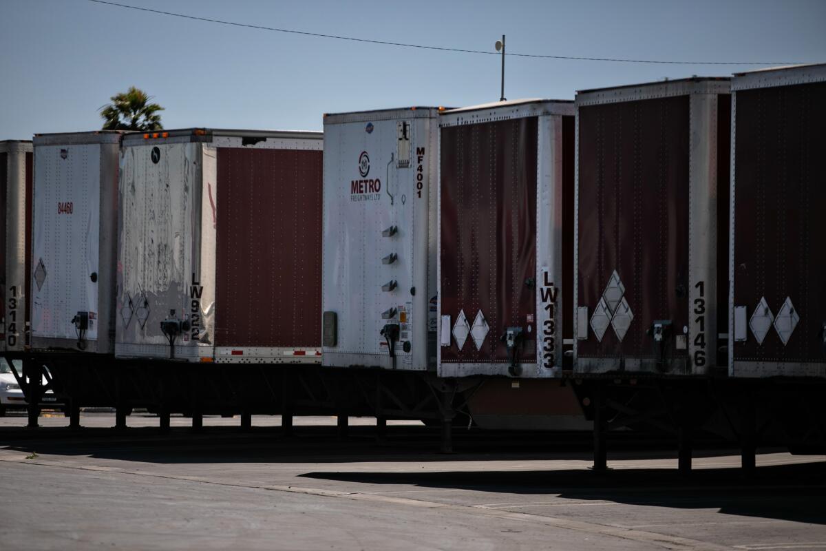 Trailers sit at the loading dock of the Liberty Linehaul West trucking company.