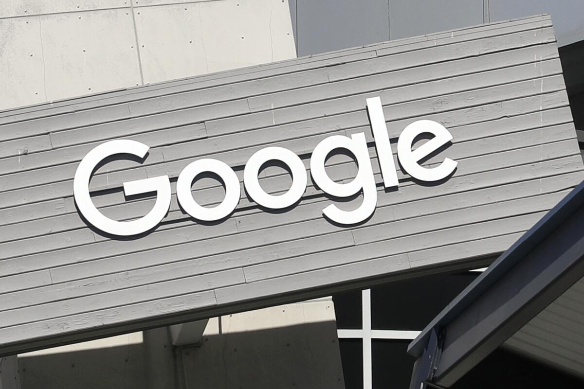 A Google sign is shown on the company's campus in Mountain View, Calif.