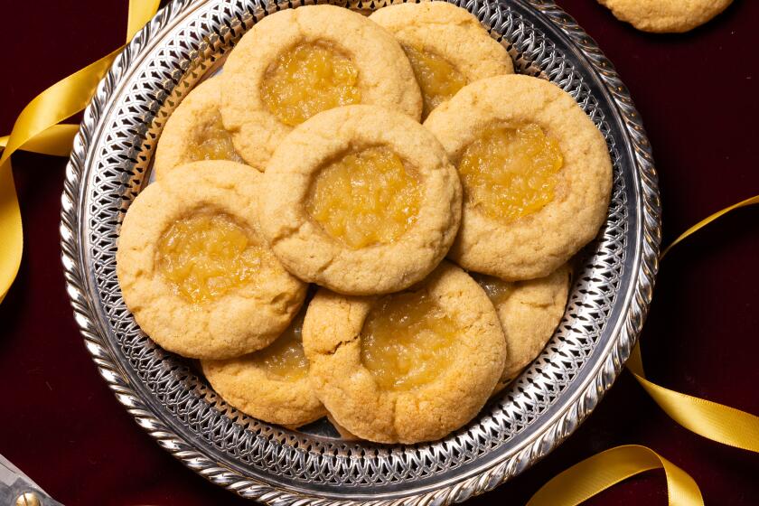 LOS ANGELES, CA -- THURSDAY, NOVEMBER 20, 2025: Pear and Ginger Thumbprint Cookies by Cherilyn Yujuico. (Catherine Dzilenski / For The Times)