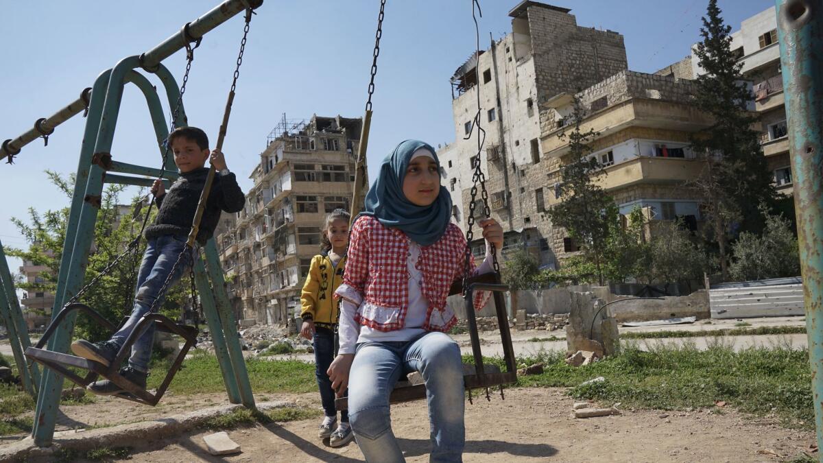 Alkabakim Park in East Aleppo's Bustan al-Qasr district, which was formerly under rebel control. The district suffered catastrophic damage. Some families have begun to return to East Aleppo, including Bustan al-Qasr.