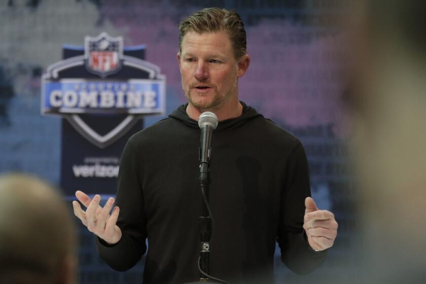 Los Angeles Rams general manager Les Snead speaks during a press conference at the NFL football scouting combine in Indianapolis, Thursday, Feb. 28, 2019. (AP Photo/Michael Conroy)