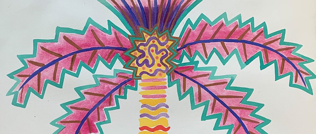 Portion of a palm tree painting by Zandra Rhodes in 2004 that is currently on exhibit.