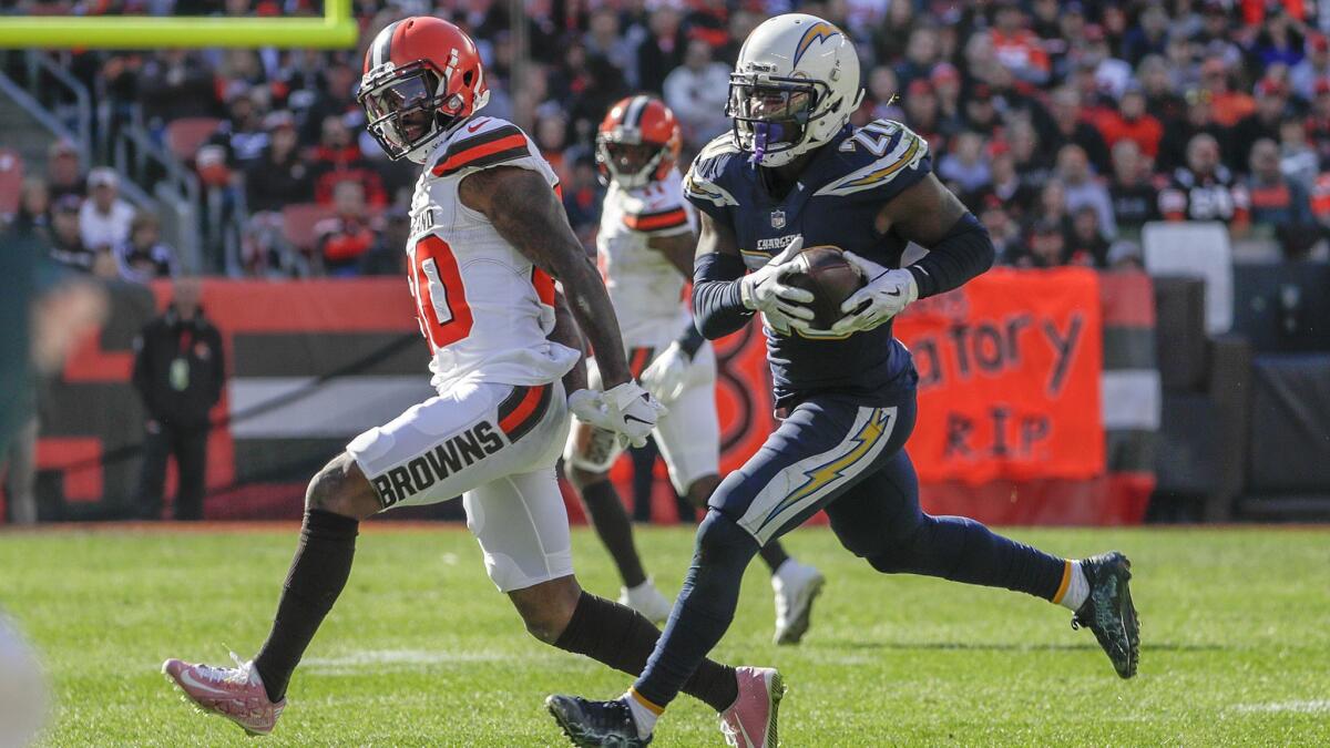 Chargers cornerback Desmond King intercepts a pass intended for Cleveland Browns receiver Jarvis Landry.