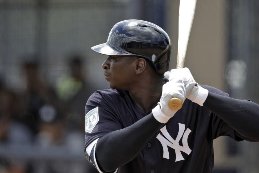 New York Yankees' Didi Gregorius bats during a Gulf Coast League baseball game Monday, May 20, 2019, in Tampa, Fla. Gregorius is playing for the first time since having Tommy John surgery. (AP Photo/Chris O'Meara)